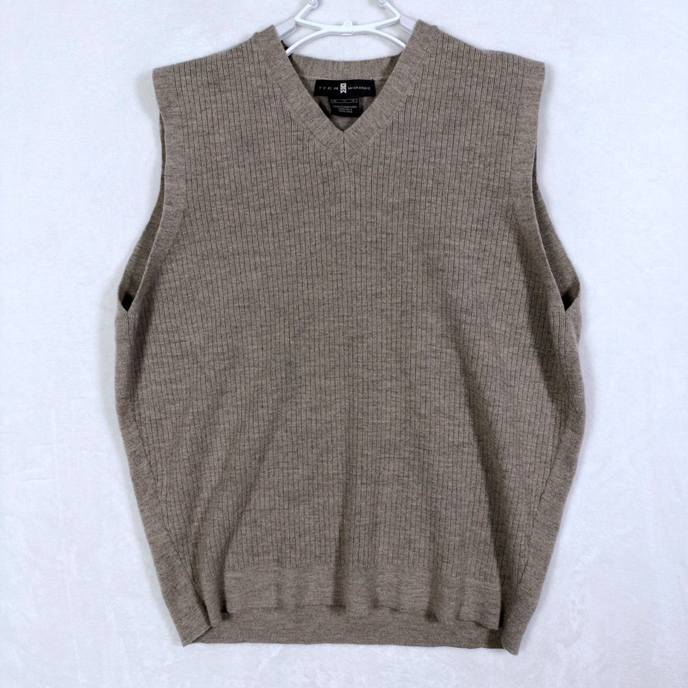 Vintage Tiger Woods Nike Merino Wool Sweater Vest Tan Ribbed V-Neck XL Mens READ